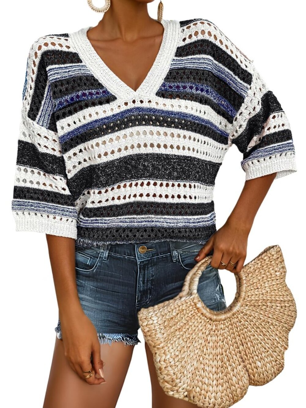 Acelitt Striped Short Sleeve Sweaters for Women 2026 Summer Fashion Trendy Knitt